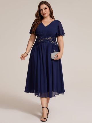 Short Sleeve Ruffle Lace Trim V-Neck A-Line Midi Wedding Guest Dresses