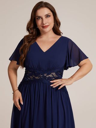 Short Sleeve Ruffle Lace Trim V-Neck A-Line Midi Wedding Guest Dresses