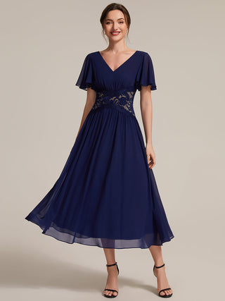Short Sleeve Ruffle Lace Trim V-Neck A-Line Midi Wedding Guest Dresses