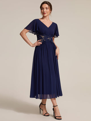 Short Sleeve Ruffle Lace Trim V-Neck A-Line Midi Wedding Guest Dresses