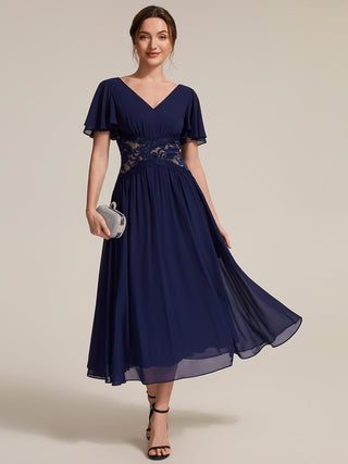 Short Sleeve Ruffle Lace Trim V-Neck A-Line Midi Wedding Guest Dresses