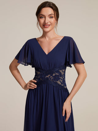 Short Sleeve Ruffle Lace Trim V-Neck A-Line Midi Wedding Guest Dresses