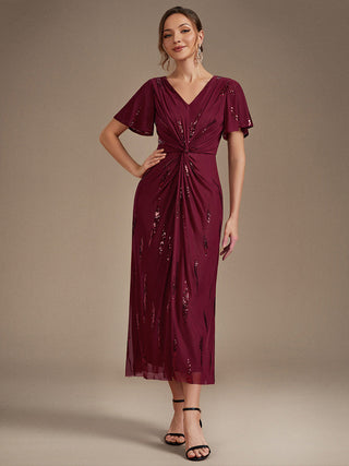 Short Sleeve Ruffle Sheath V-Neck High Stretch Wedding Guest Dresses