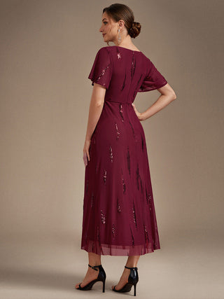 Short Sleeve Ruffle Sheath V-Neck High Stretch Wedding Guest Dresses