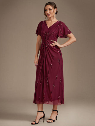 Short Sleeve Ruffle Sheath V-Neck High Stretch Wedding Guest Dresses