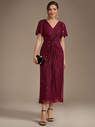 Short Sleeve Ruffle Sheath V-Neck High Stretch Wedding Guest Dresses