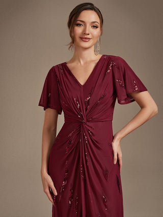 Short Sleeve Ruffle Sheath V-Neck High Stretch Wedding Guest Dresses
