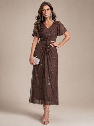Short Sleeve Ruffle Sheath V-Neck High Stretch Wedding Guest Dresses