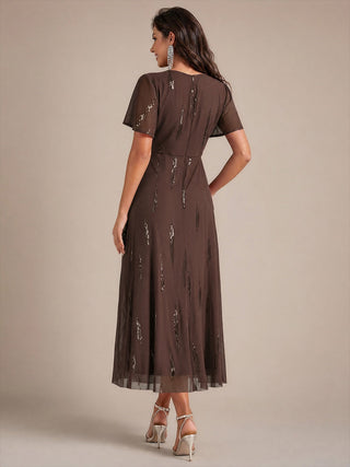 Short Sleeve Ruffle Sheath V-Neck High Stretch Wedding Guest Dresses