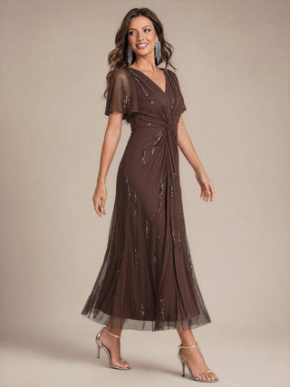 Short Sleeve Ruffle Sheath V-Neck High Stretch Wedding Guest Dresses