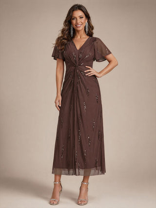 Short Sleeve Ruffle Sheath V-Neck High Stretch Wedding Guest Dresses