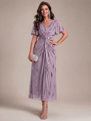 Short Sleeve Ruffle Sheath V-Neck High Stretch Wedding Guest Dresses