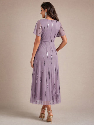 Short Sleeve Ruffle Sheath V-Neck High Stretch Wedding Guest Dresses