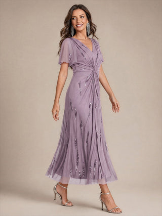 Short Sleeve Ruffle Sheath V-Neck High Stretch Wedding Guest Dresses
