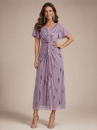 Short Sleeve Ruffle Sheath V-Neck High Stretch Wedding Guest Dresses