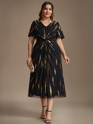 Short Sleeve Ruffle Sheath V-Neck High Stretch Wedding Guest Dresses