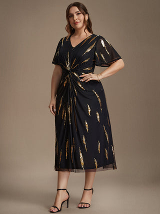 Short Sleeve Ruffle Sheath V-Neck High Stretch Wedding Guest Dresses