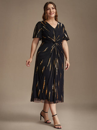 Short Sleeve Ruffle Sheath V-Neck High Stretch Wedding Guest Dresses