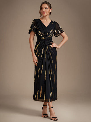 Short Sleeve Ruffle Sheath V-Neck High Stretch Wedding Guest Dresses