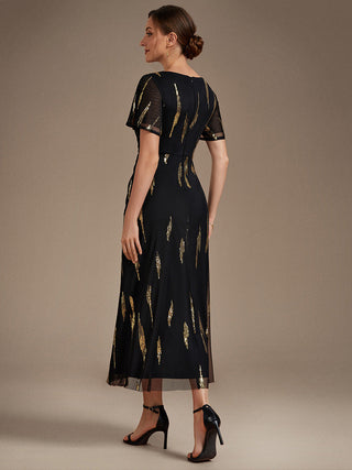 Short Sleeve Ruffle Sheath V-Neck High Stretch Wedding Guest Dresses