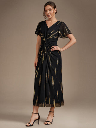 Short Sleeve Ruffle Sheath V-Neck High Stretch Wedding Guest Dresses