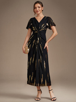 Short Sleeve Ruffle Sheath V-Neck High Stretch Wedding Guest Dresses