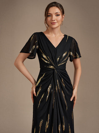 Short Sleeve Ruffle Sheath V-Neck High Stretch Wedding Guest Dresses
