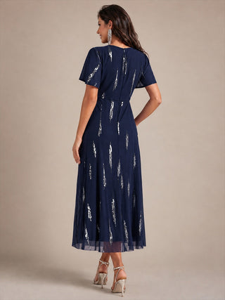 Short Sleeve Ruffle Sheath V-Neck High Stretch Wedding Guest Dresses