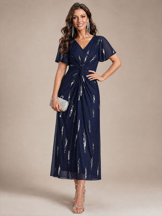 Short Sleeve Ruffle Sheath V-Neck High Stretch Wedding Guest Dresses