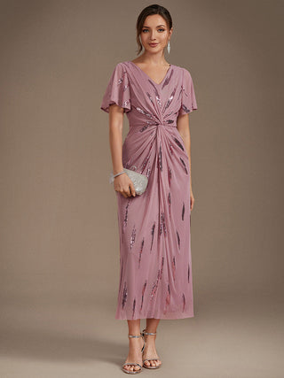 Short Sleeve Ruffle Sheath V-Neck High Stretch Wedding Guest Dresses