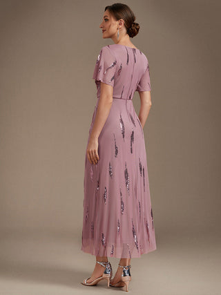 Short Sleeve Ruffle Sheath V-Neck High Stretch Wedding Guest Dresses