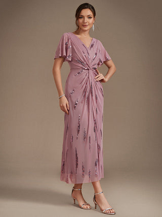 Short Sleeve Ruffle Sheath V-Neck High Stretch Wedding Guest Dresses