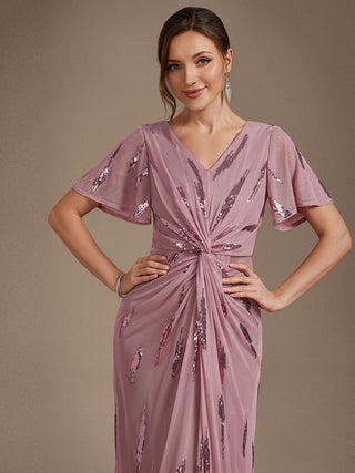 Short Sleeve Ruffle Sheath V-Neck High Stretch Wedding Guest Dresses