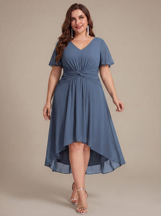 Commercial Short Sleeve Ruffle V-Neck A-Line High-Low Wedding Guest Dresses