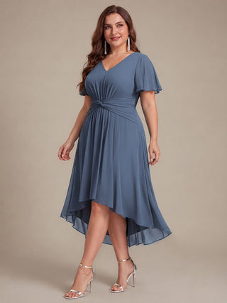 Commercial Short Sleeve Ruffle V-Neck A-Line High-Low Wedding Guest Dresses