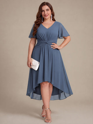 Commercial Short Sleeve Ruffle V-Neck A-Line High-Low Wedding Guest Dresses