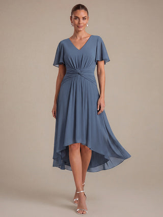 Commercial Short Sleeve Ruffle V-Neck A-Line High-Low Wedding Guest Dresses