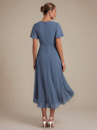 Commercial Short Sleeve Ruffle V-Neck A-Line High-Low Wedding Guest Dresses