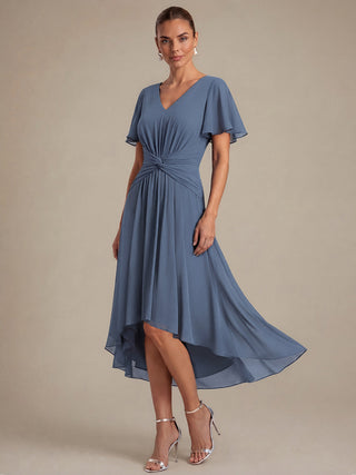 Commercial Short Sleeve Ruffle V-Neck A-Line High-Low Wedding Guest Dresses