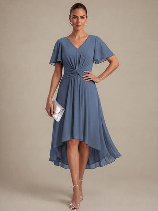 Commercial Short Sleeve Ruffle V-Neck A-Line High-Low Wedding Guest Dresses