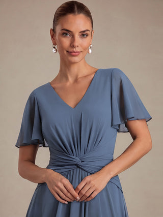 Commercial Short Sleeve Ruffle V-Neck A-Line High-Low Wedding Guest Dresses