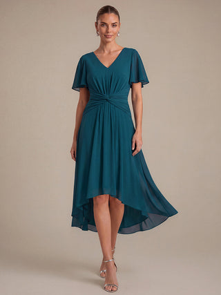 Commercial Short Sleeve Ruffle V-Neck A-Line High-Low Wedding Guest Dresses