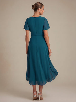 Commercial Short Sleeve Ruffle V-Neck A-Line High-Low Wedding Guest Dresses