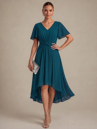 Commercial Short Sleeve Ruffle V-Neck A-Line High-Low Wedding Guest Dresses