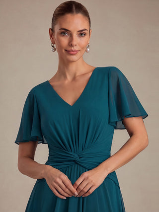 Commercial Short Sleeve Ruffle V-Neck A-Line High-Low Wedding Guest Dresses