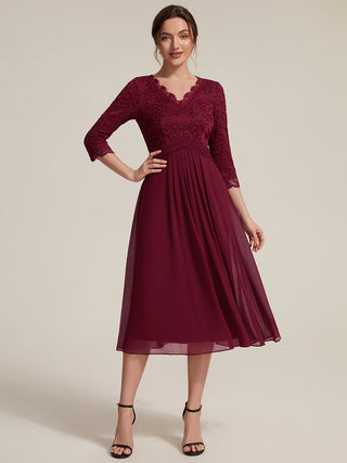 Three-Quarter Sleeve V-Neck Sheath Lace Trim Midi Wedding Guest Dresses