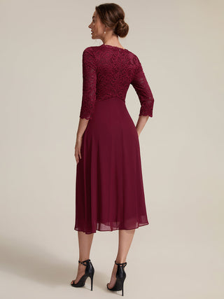 Three-Quarter Sleeve V-Neck Sheath Lace Trim Midi Wedding Guest Dresses