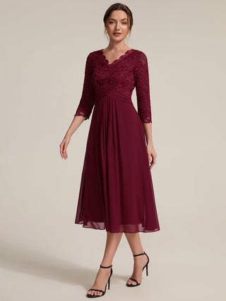 Three-Quarter Sleeve V-Neck Sheath Lace Trim Midi Wedding Guest Dresses