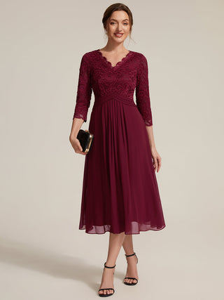Three-Quarter Sleeve V-Neck Sheath Lace Trim Midi Wedding Guest Dresses