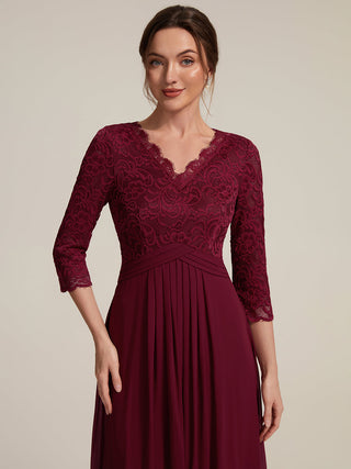 Three-Quarter Sleeve V-Neck Sheath Lace Trim Midi Wedding Guest Dresses